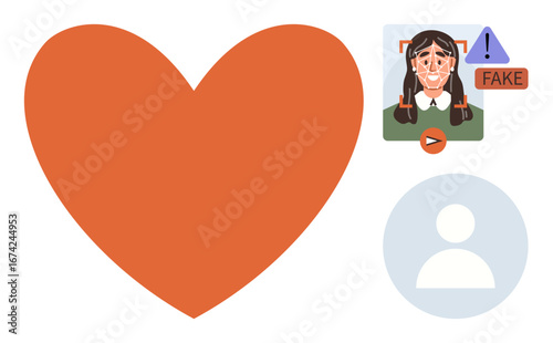 Red heart shape beside AI-recognized face, fake alert icon, and generic avatar. Ideal for AI ethics, security, online trust, love versus reality, identity, technology simple flat metaphor