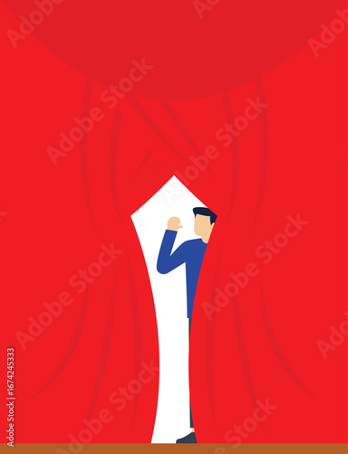 Host Presenter behind theater curtain theatrical stage opening. Vector illustration cartoon.


