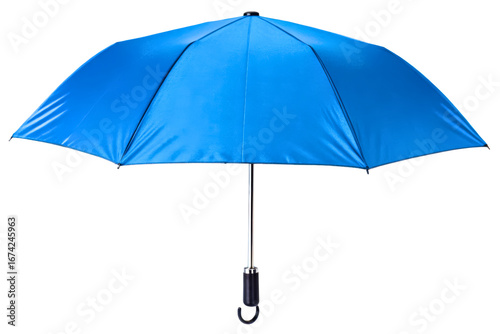 Open blue umbrella for rain protection with a black handle isolated with transparent background