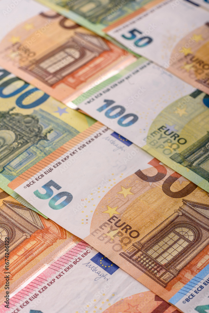 Obraz premium Cash money, euro paper banknotes for business transactions, financial background. Euro banknotes