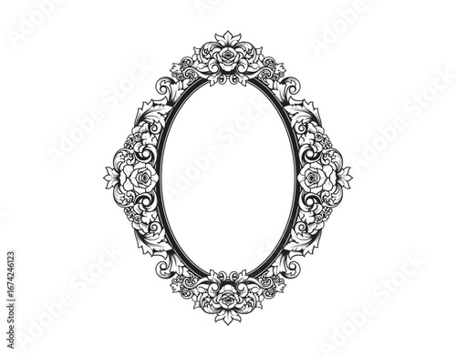 Stylish black and white fancy oval frame featuring detailed floral and baroque-style designs on a white backdrop