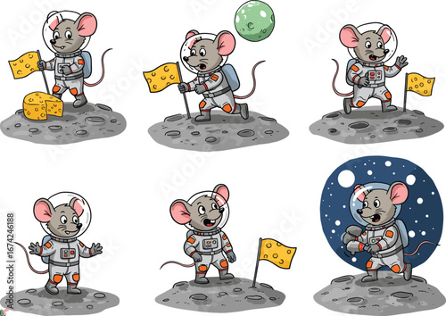PrintCute astronaut mouse exploring moon with cheese flag, space adventure cartoon animal vector for whimsical science fiction illustration and kids design