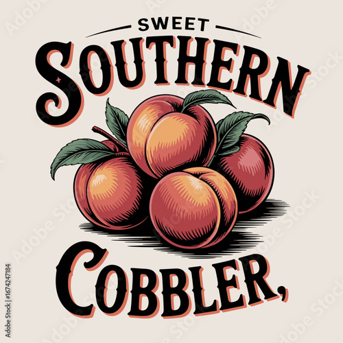 Vintage Southern Peach Cobbler Illustration with Typography