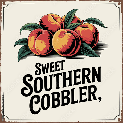 Vintage Southern Peach Cobbler Illustration with Typography