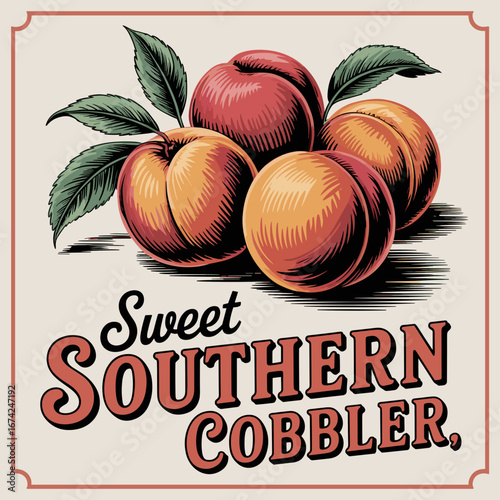 Vintage Southern Peach Cobbler Illustration with Typography