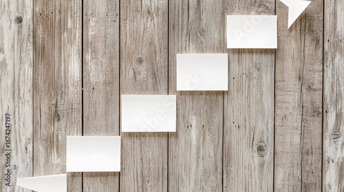 Blank White Cards on Rustic Wooden Background, Steps, Progress, Plan