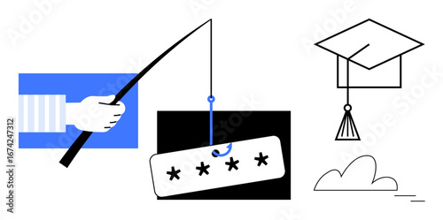 Hand holding fishing rod with password bait symbolizing phishing threat, alongside graduation cap representing education. Ideal for cybersecurity, online learning, education fraud, warning