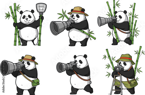 PrintCute cartoon pandas photographing with camera, exploring bamboo forest, wildlife adventure, funny animal vector illustration for kids and nature lovers