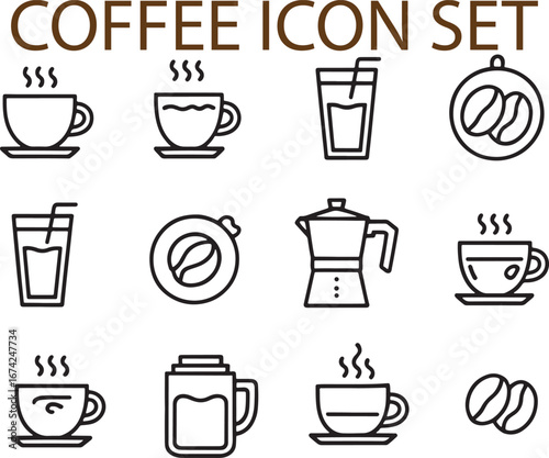 Coffee cup drink bean pot glass icons steam