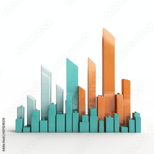 Teal and Orange Abstract City Skyline Bar Chart on White Background