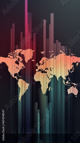 Global World Map Integrated into Colorful Gradient Equalizer Bars on Dark Background