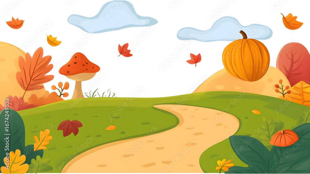 Fototapeta premium Autumn pathway adventure scenic park digital art whimsical landscape aerial view nature