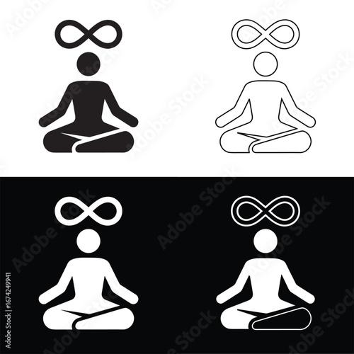 Meditation yoga lotus pose icon set with a simple black silhouette and outline. 