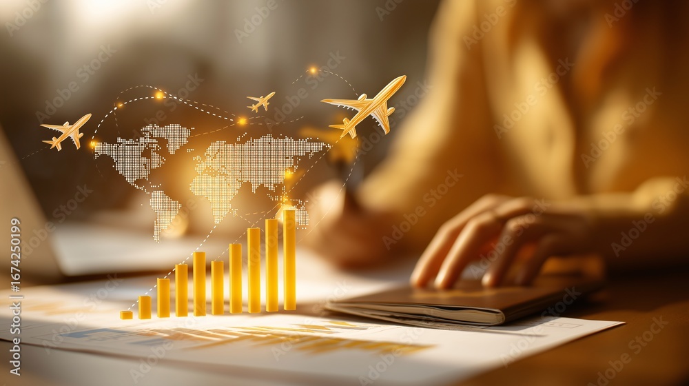 Travel agent planning itineraries with floating airplane icons, world map, and rising bar graph, representing global tourism growth, business success, and optimistic travel industry trends