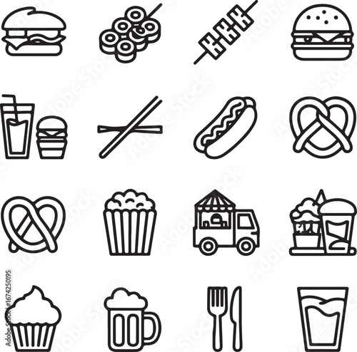 Food and drink icons burger skewer