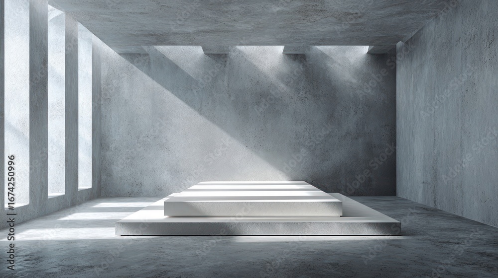 Obraz premium Minimalist Concrete Interior with Platform and Natural Light Streaming In Creates a Stark Yet Serene Atmosphere