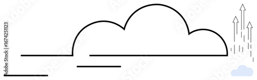 Minimalist cloud outline with lines and upward arrows representing data flow, storage, scalability, and innovation. Ideal for technology, digital transformation, networking, growth, cloud storage