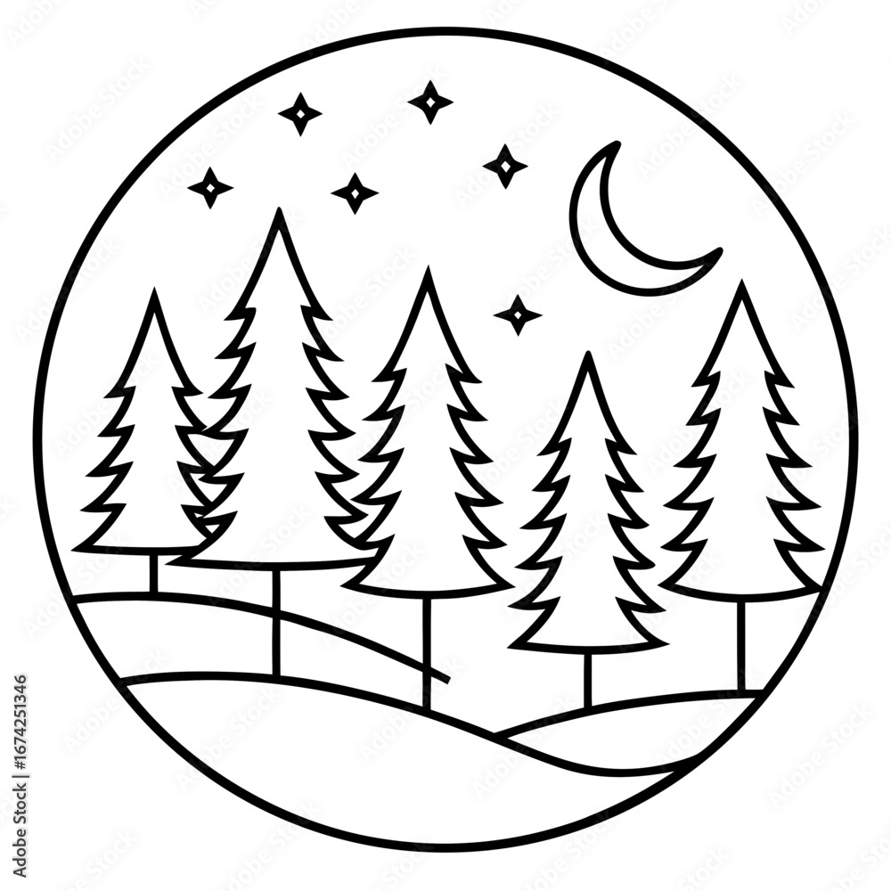 Obraz premium Moonlit Forest Line Art Scene