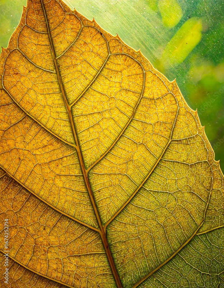 Obraz premium A detailed close-up view of a leaf's intricate vein structure, showcasing vibrant golden and green hues.