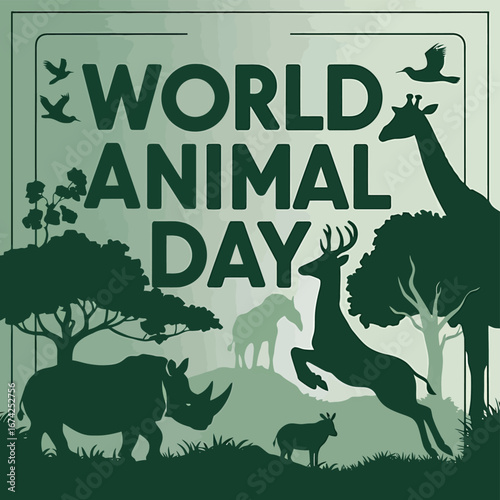 Vector art of world animal day celebrated with a vibrant landscape featuring silhouettes of various animals like rhinoceros, deer, and giraffe, promoting wildlife appreciation