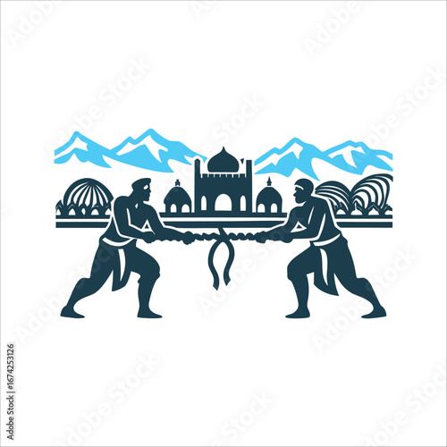 Alak Dolak Tug of War Afghanistan Vector Alak Dolak Afghanistan Two teams pulling a knotted rope in tug of war