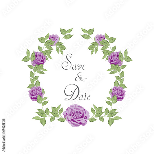 Design elements for wedding invitation templates and other cards.
Elegant purple rose and green leaf decoration concept.
Vector illustration.