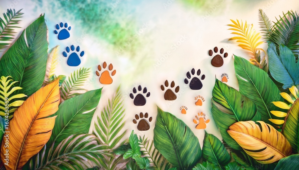 Naklejka premium vibrant preschool jungle background featuring lush leaves and playful animal footprints for creative learning spaces or childrens activities