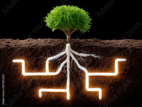 Small tree with roots and glowing lines underground in soil on black background