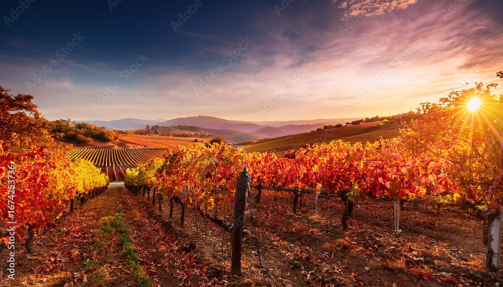 Naklejka premium vibrant vineyard grapes stunning autumn hills colors nature landscape burgundy yellow leaf fruit harvest trees soil plantation sunset scenery