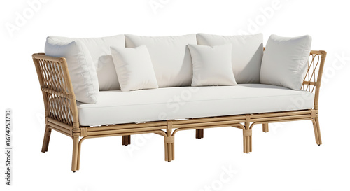 Elegant natural rattan sofa with plush white cushions, ideal for modern interior design, outdoor patio spaces, home decor projects, and luxury furniture advertisements,
