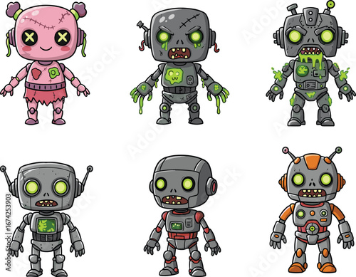 Zombie robot character collection, cartoon undead cyborgs with glowing green eyes, futuristic sci-fi horror androids, scary mechanical bots vector illustration set