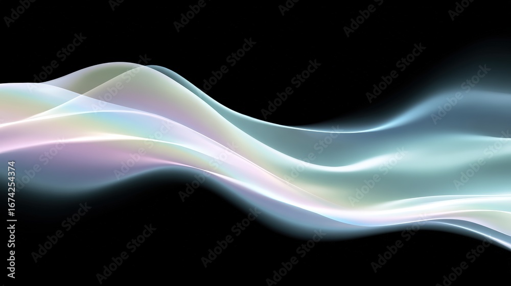 Naklejka premium Serene iridescent abstract waves on black, ideal for tech presentations, luxury branding, wellness apps, and modern artistic backgrounds