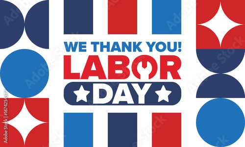 Happy Labor Day. Public federal holiday, celebrate annual in United States. American labor movement. Patriotic american elements. Poster, card, banner and background. Vector illustration