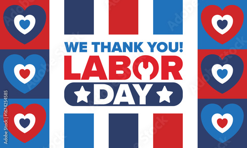 Happy Labor Day. Public federal holiday, celebrate annual in United States. American labor movement. Patriotic american elements. Poster, card, banner and background. Vector illustration