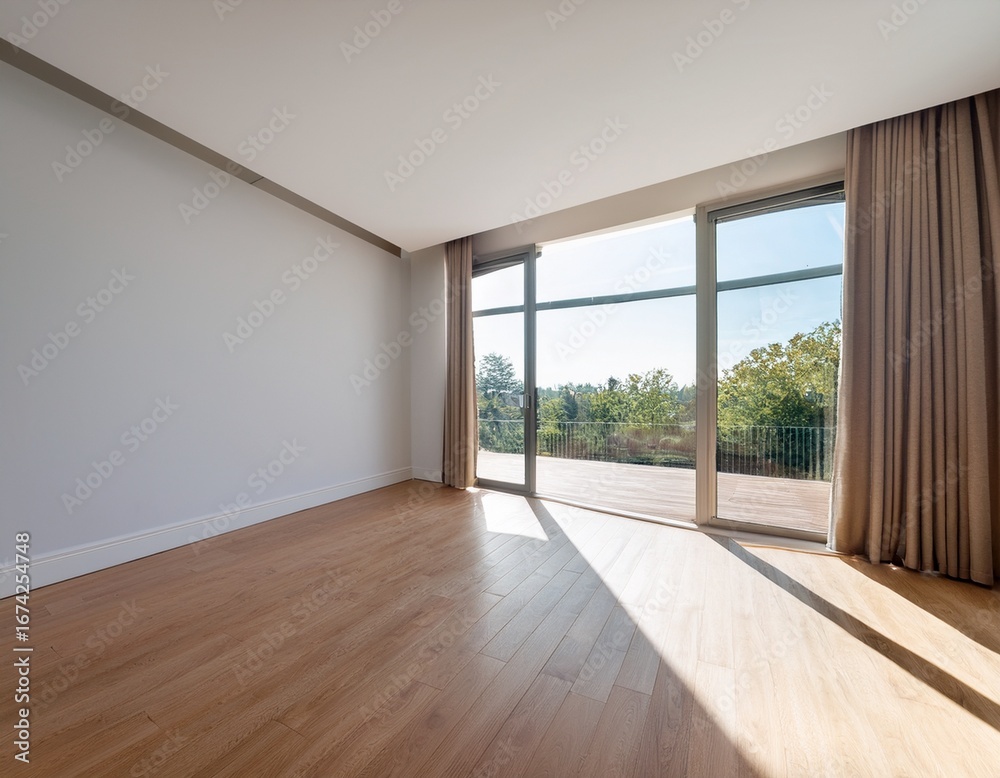 Fototapeta premium bright and open empty room with large window and wooden floor in modern interior design style