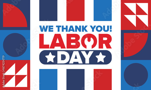 Happy Labor Day. Public federal holiday, celebrate annual in United States. American labor movement. Patriotic american elements. Poster, card, banner and background. Vector illustration