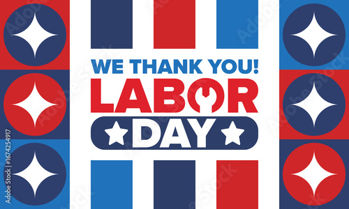 Happy Labor Day. Public federal holiday, celebrate annual in United States. American labor movement. Patriotic american elements. Poster, card, banner and background. Vector illustration