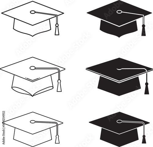 Graduation Cap Icons Set Line Art and Silhouette