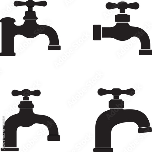 Four Simple Black Silhouettes of Vintage Faucets