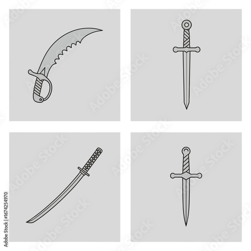 Vector art of four distinct sword types depicted in a collection a curved scimitar, a straight gladius, a japanese katana, and a crossguard sword, isolated on gray