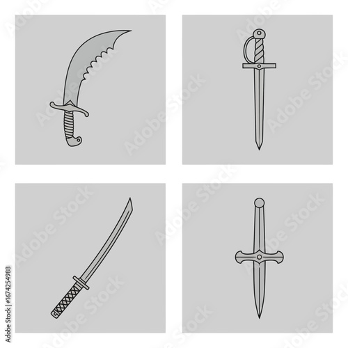 Vector art of set of four sword illustrations a scimitar, a gladius, a katana, and a broadsword, isolated on a light gray background