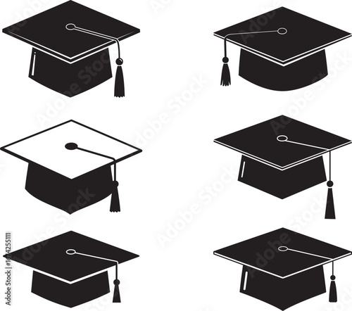 Graduation Caps Set Black and White Icons