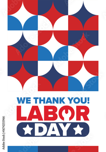 Happy Labor Day. Public federal holiday, celebrate annual in United States. American labor movement. Patriotic american elements. Poster, card, banner and background. Vector illustration