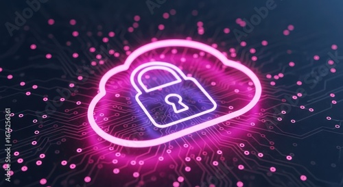 Glowing cloud padlock over circuitboard