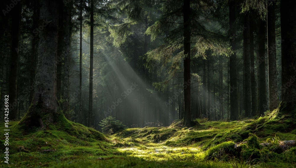 Obraz premium Sunlight streams through a dense forest (1)