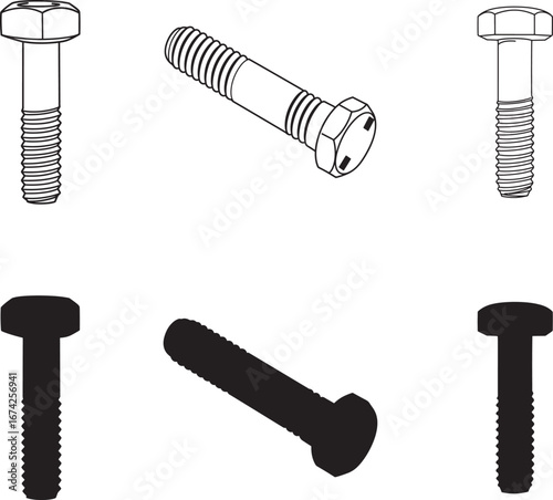 Various Views of Hex Head Bolts Technical  Line Art and Silhouettes