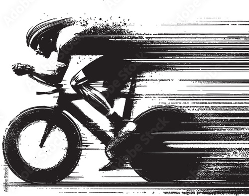 Abstract illustration portraying a cyclist in high-speed motion, emphasizing energy and intensity, with bold monochrome brush strokes depicting dynamic movement