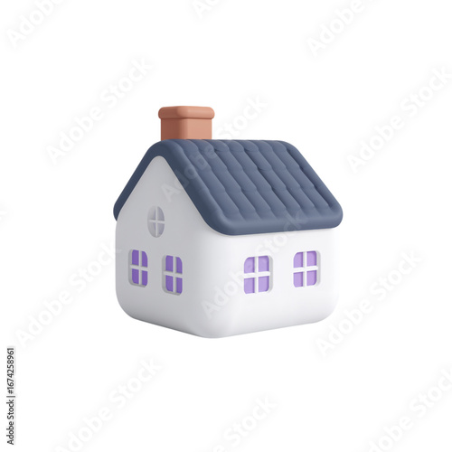 Minimalist stylized 3d render of a simple house with blue roof and chimney