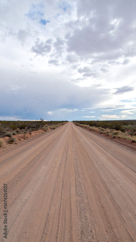Naklejka premium Empty dirt road extends to cloudy sky
