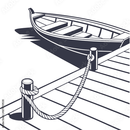 A dark blue rowboat is tied to a wooden dock with a thick rope and bollards